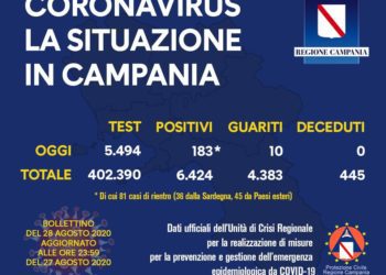 Corona Virus Campania: Totale Positivi: 6.424 i deceduti 445