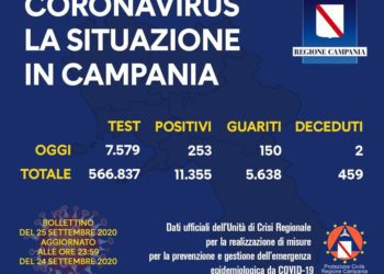 Corona Virus Campania: Totale Positivi: 11.355 i deceduti 459