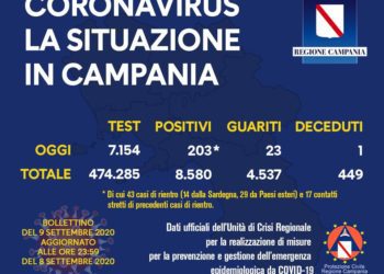 Corona Virus Campania: Totale Positivi: 8.580 i deceduti 449