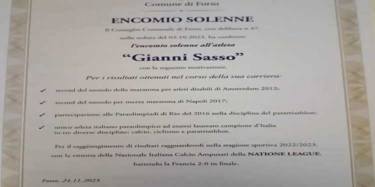 CONFERITO DAL COMUNE DI FORIO UN ENCOMIO SOLENNE AL CAMPIONE PARALIMPICO GIANNI SASSO
