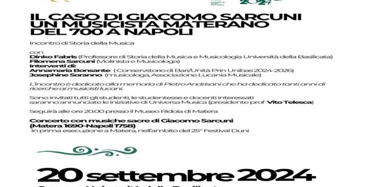 Venerdì 20 settembre il Festival Duni al Campus dell’Università degli Studi della Basilicata per promuovere lo studio e la ricerca sui compositori materani della “Scuola Napoletana” del ‘700