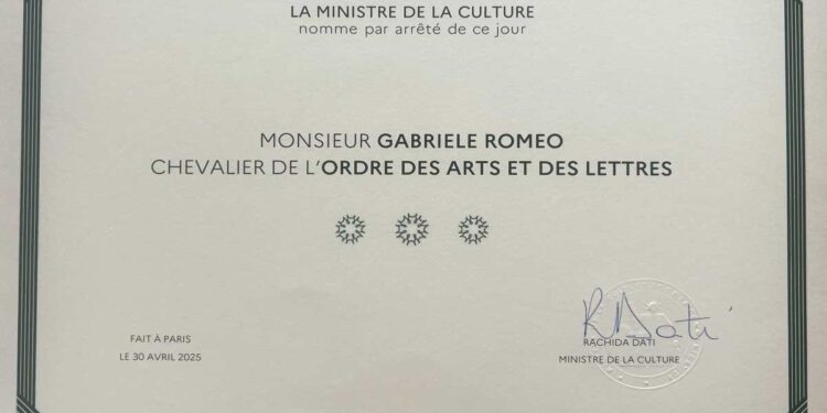 Gabriele Romeo nominato Chevalier de l’Ordre des Arts et des Lettres dal Ministero della Cultura della Repubblica Francese