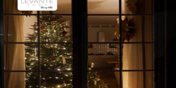 Albero di Natale illuminato visto attraverso una finestra, con luci calde e decorazioni che creano un’atmosfera natalizia in casa.