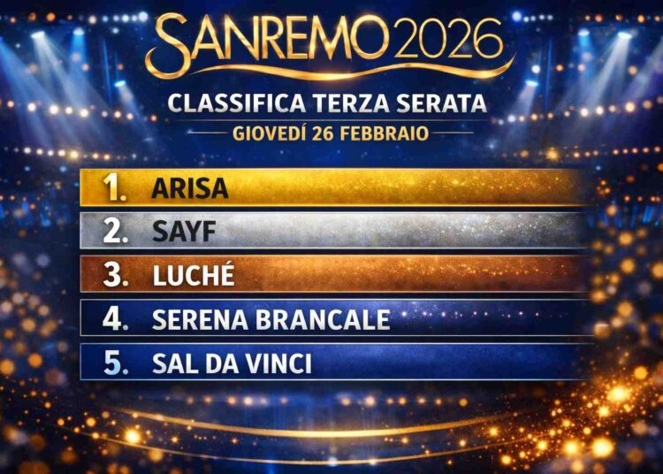 Sanremo 2026, terza serata: Arisa guida la Top 5. Sul podio anche Sayf e Luchè