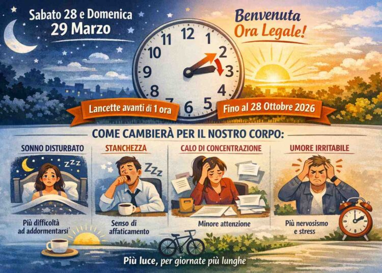 Torna l’ora legale: nella notte tra il 28 e il 29 marzo lancette avanti di un’ora