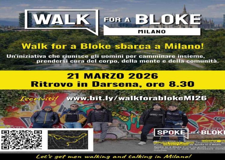Camminata solidale di 25 km a Milano per la salute mentale maschile il 21 marzo 2026, “Walk for a Bloke”